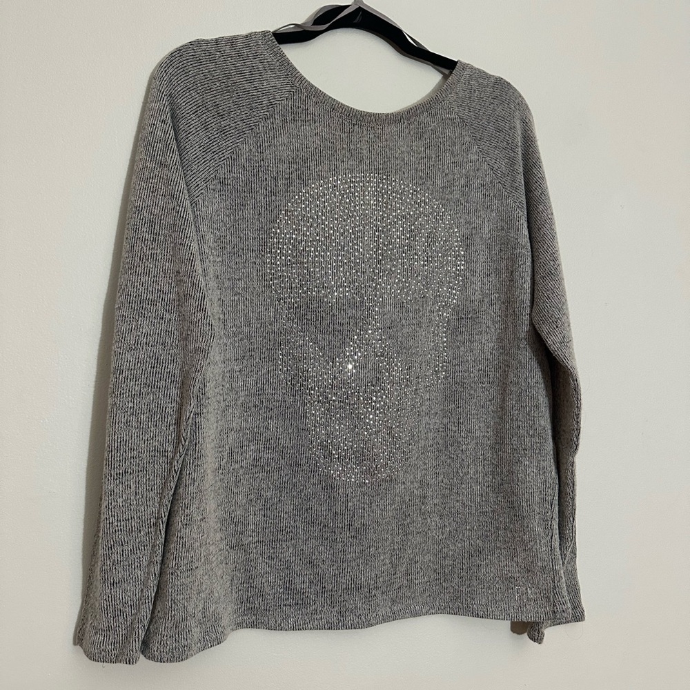 VS PiNK Gray Knit Sweater with Rhinestone Skull Design